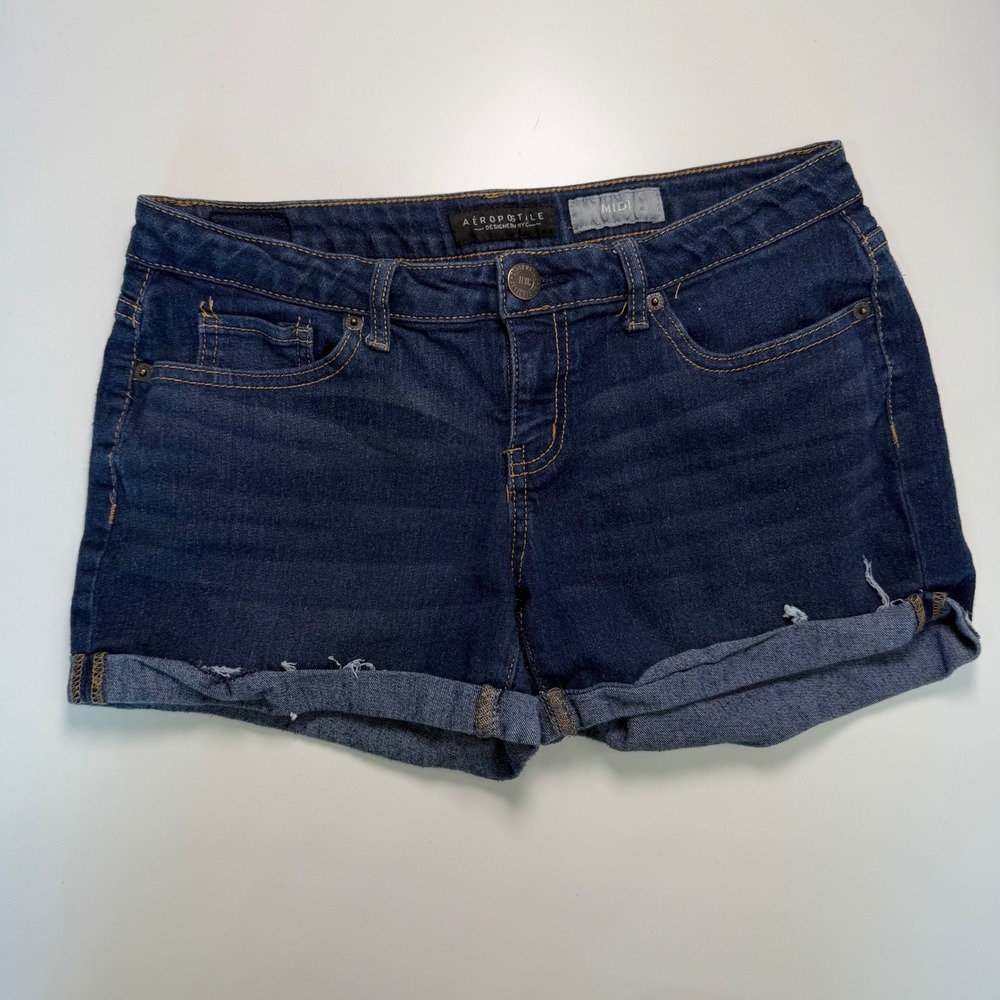Aeropostale Midi Denim Shorts Dark Wash Cuffed Size 4 1109 LXCFCH